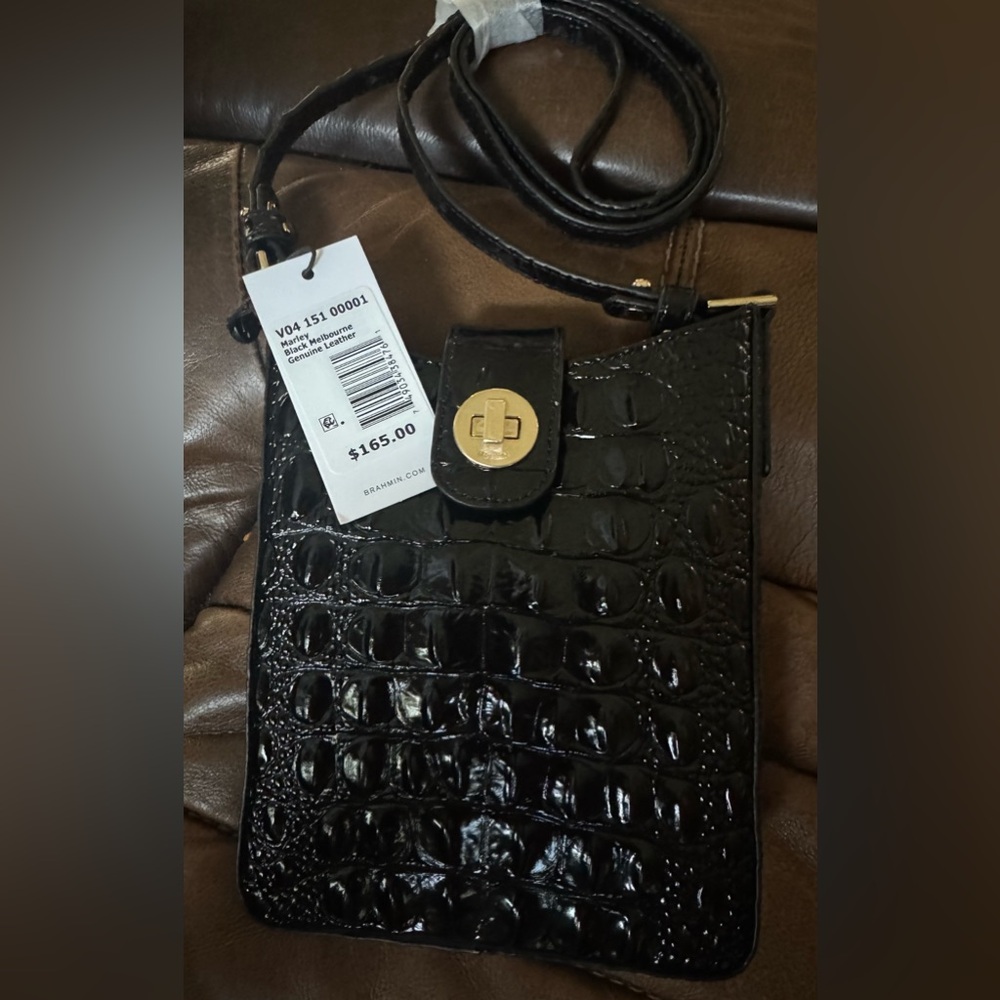 Brahmin Glossy Black Croc-Embossed Crossbody Bag